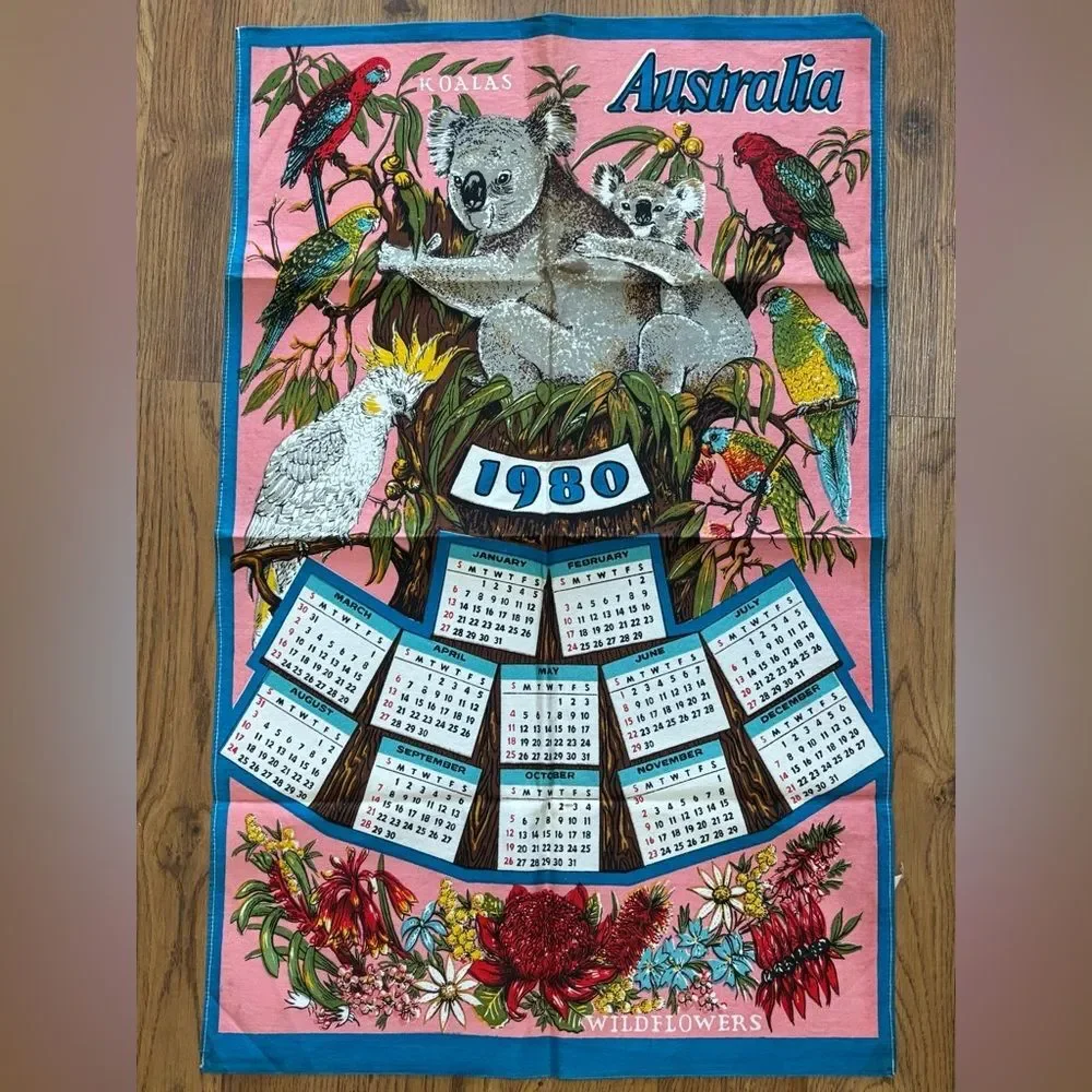 Vintage Pink Calendar Tea Towel 1980 Australia Cotton 28”x17.5” Koalas Birds